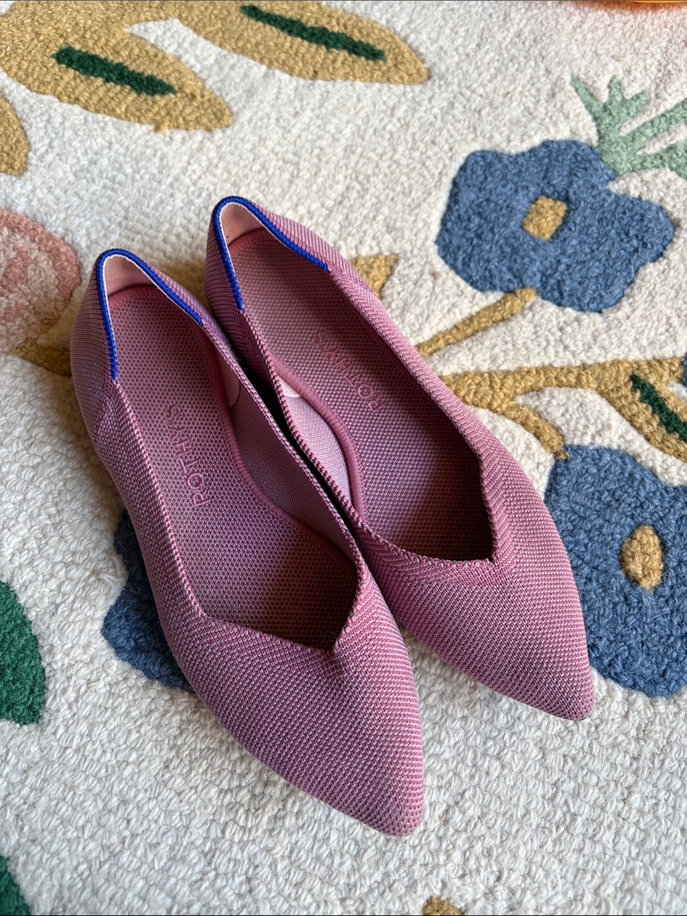 Rothy's Rose Pink Pointed Knit Flats with Blue Trim